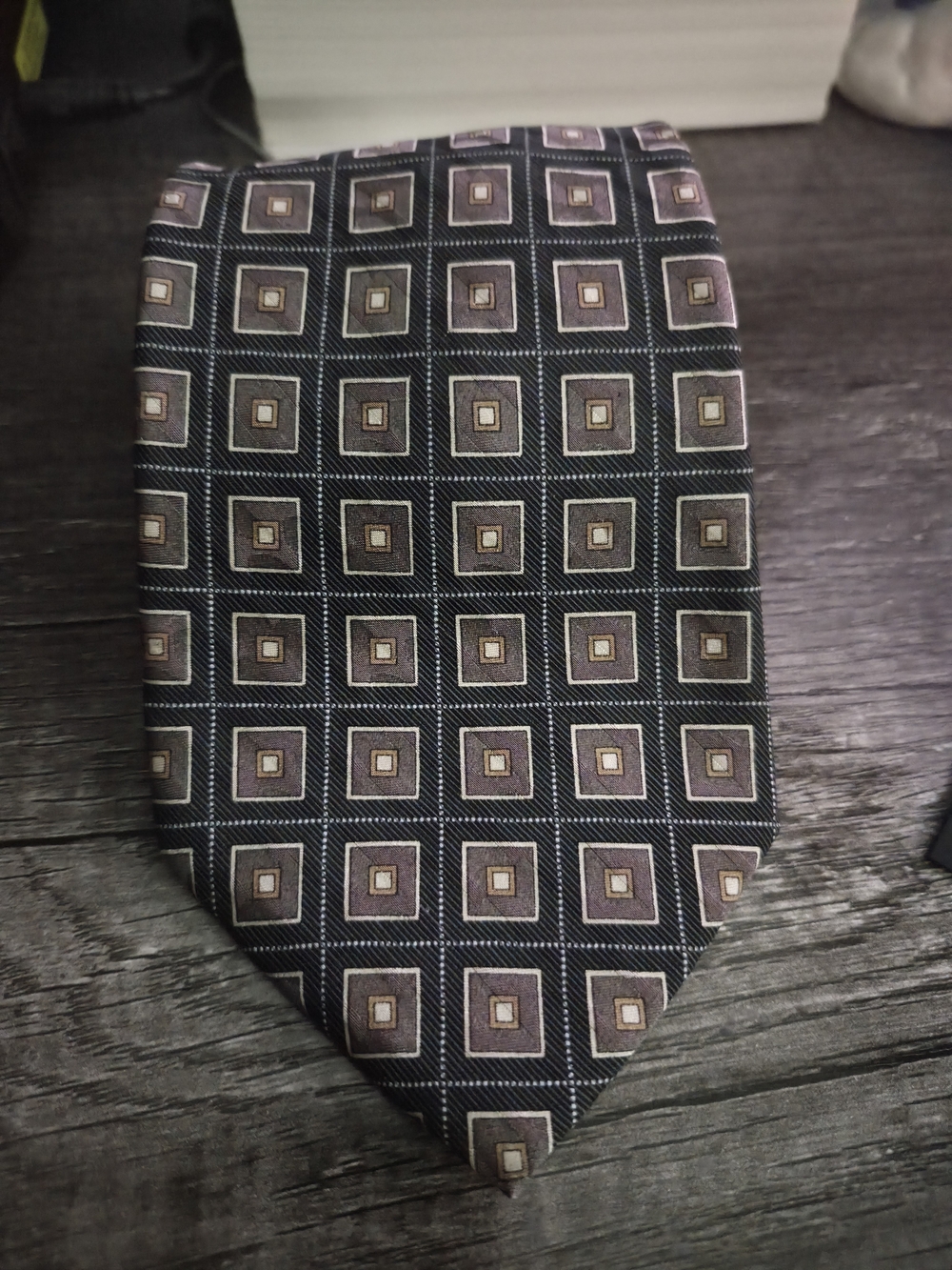 Carlos Devenezia Black and Brown Geometric Square Pattern Tie Silk